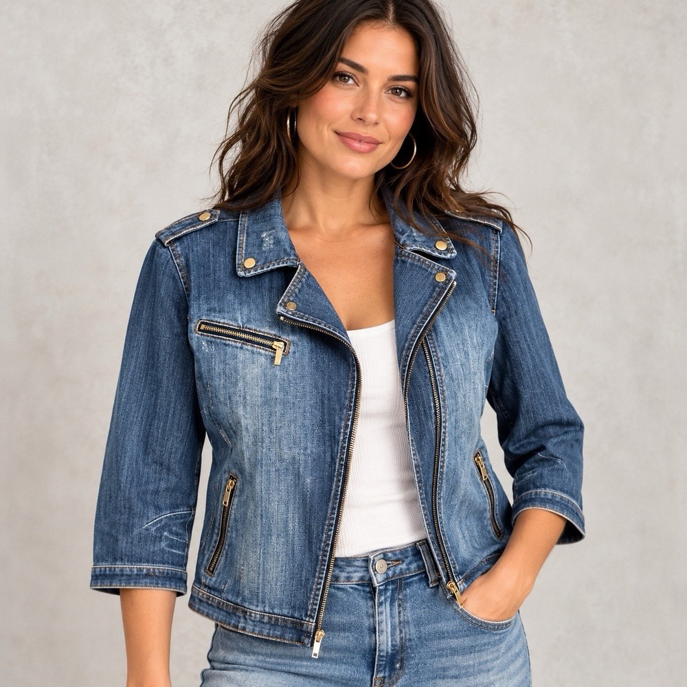 Chico's Denim Moto Jacket 1 Medium Blue 3/4 Sleeve Zip Biker Distressed Y2K